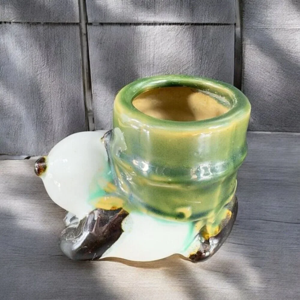 Vintage Majolica Style Ceramic Panda Bear With Bamboo Planter Small Vase Pottery